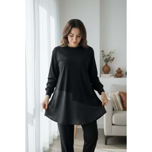 Siyah Asimetrik Kesim Çizgi Detay Tunik Takım