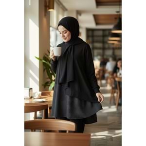 Siyah Asimetrik Kesim Çizgi Detay Tunik Takım