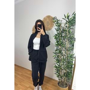 Lacivert Fermuarlı Cep Detay Jogger Oversize Premium Takım