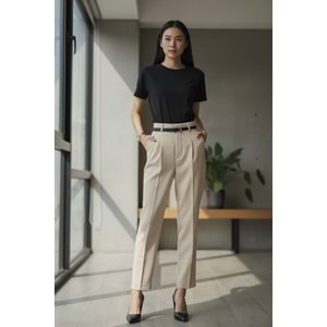 Kemerli Premium Taş Rengi Kumaş Pantolon