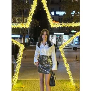 Gümüş Payetli Kadife Mini Etek