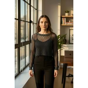 Bisiklet Yaka File Detay Örme Uzun Kollu Koyu Gri Kazak