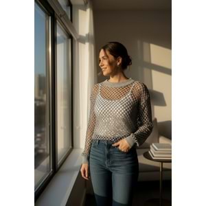 Bisiklet Yaka File Detay Örme Uzun Kollu Gri Kazak