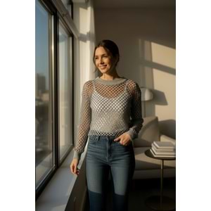 Bisiklet Yaka File Detay Örme Uzun Kollu Gri Kazak