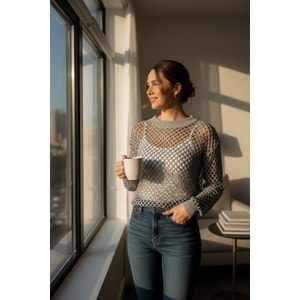 Bisiklet Yaka File Detay Örme Uzun Kollu Gri Kazak