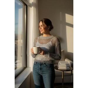 Bisiklet Yaka File Detay Örme Uzun Kollu Gri Kazak