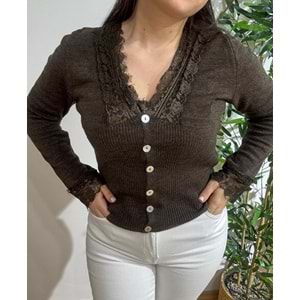 Kahverengi Dantel Detaylı Hırka