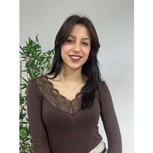 Acı Kahve V Yaka Dantel Detaylı Bluz