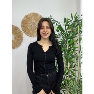 Siyah Bisiklet Yaka Düğmeli Bluz