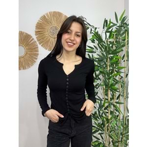 Siyah Bisiklet Yaka Düğmeli Bluz