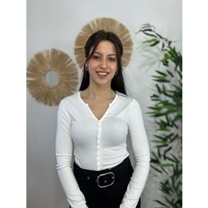 Beyaz Bisiklet Yaka Düğmeli Bluz