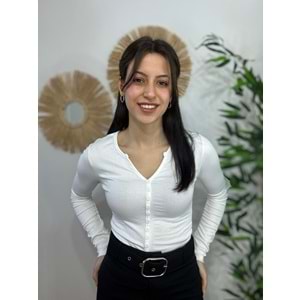 Beyaz Bisiklet Yaka Düğmeli Bluz