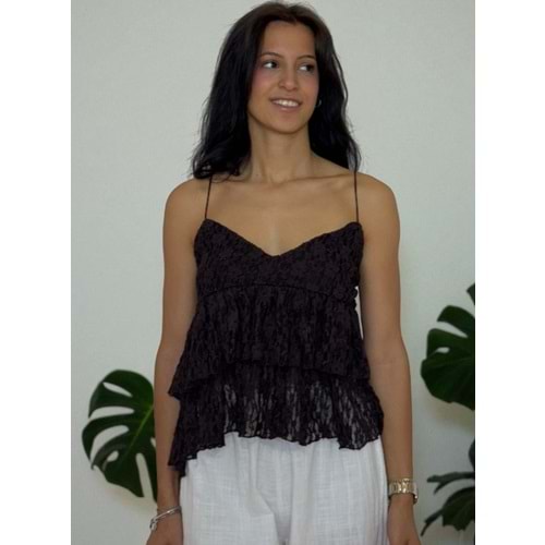 Dantelli Askılı Kahverengi Bluz