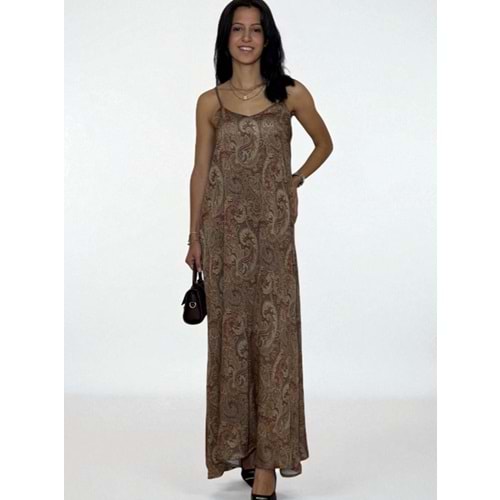 Desenli Askılı Uzun Elbise