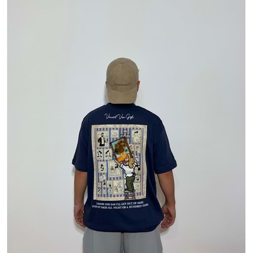 Sunflowers Baskılı Oversize Lacivert T-Shirt