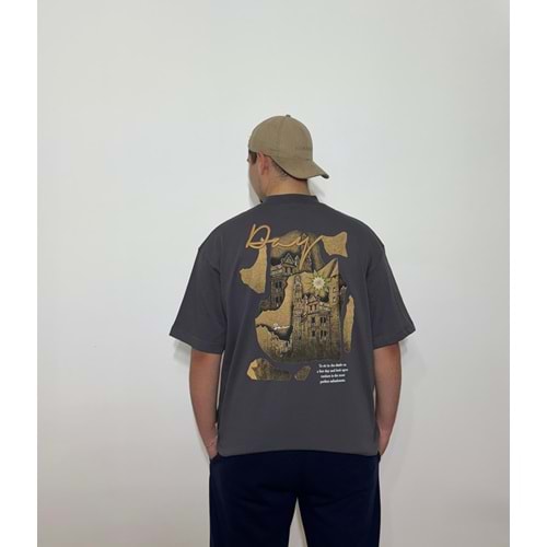 Day Baskılı Oversize Gri T-Shirt