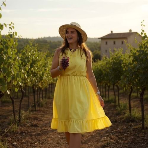 Boncuk Detaylı Bağlamalı Kısa Sarı Elbise