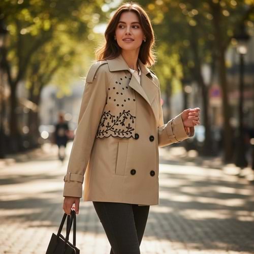 Bej Nakışlı Trençkot