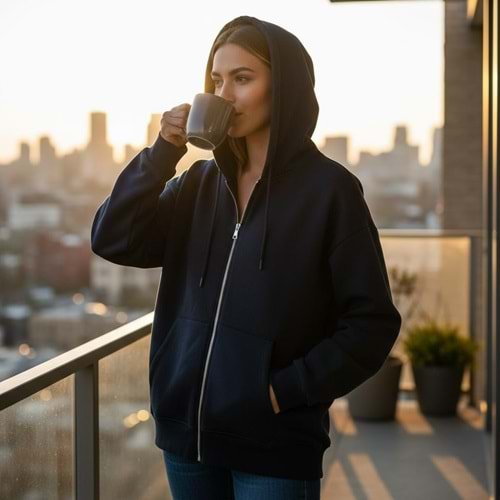 Siyah Fermuarlı Kapüşonlu Cep Detay Hırka