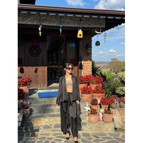 Siyah Saten Bomber Ceket Pantolon Takım