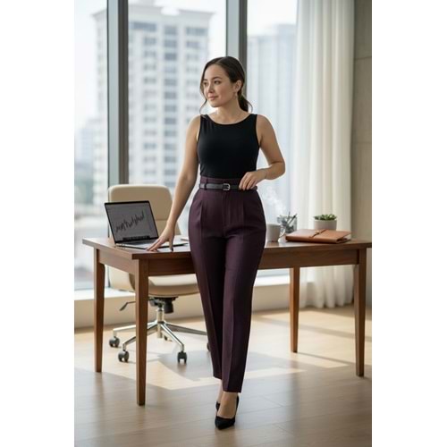 Kemerli Premium Mürdüm Kumaş Pantolon