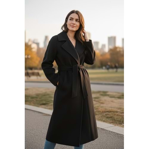 Siyah Astarlı Kemer Detay Cepli Kaşe Kaban