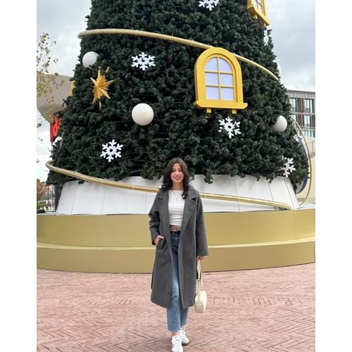 Gri Astarlı Kemer Detay Cepli Kaşe Kaban