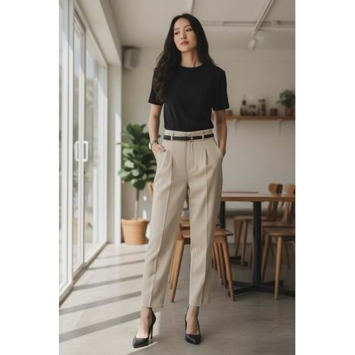 Kemerli Premium Taş Rengi Kumaş Pantolon