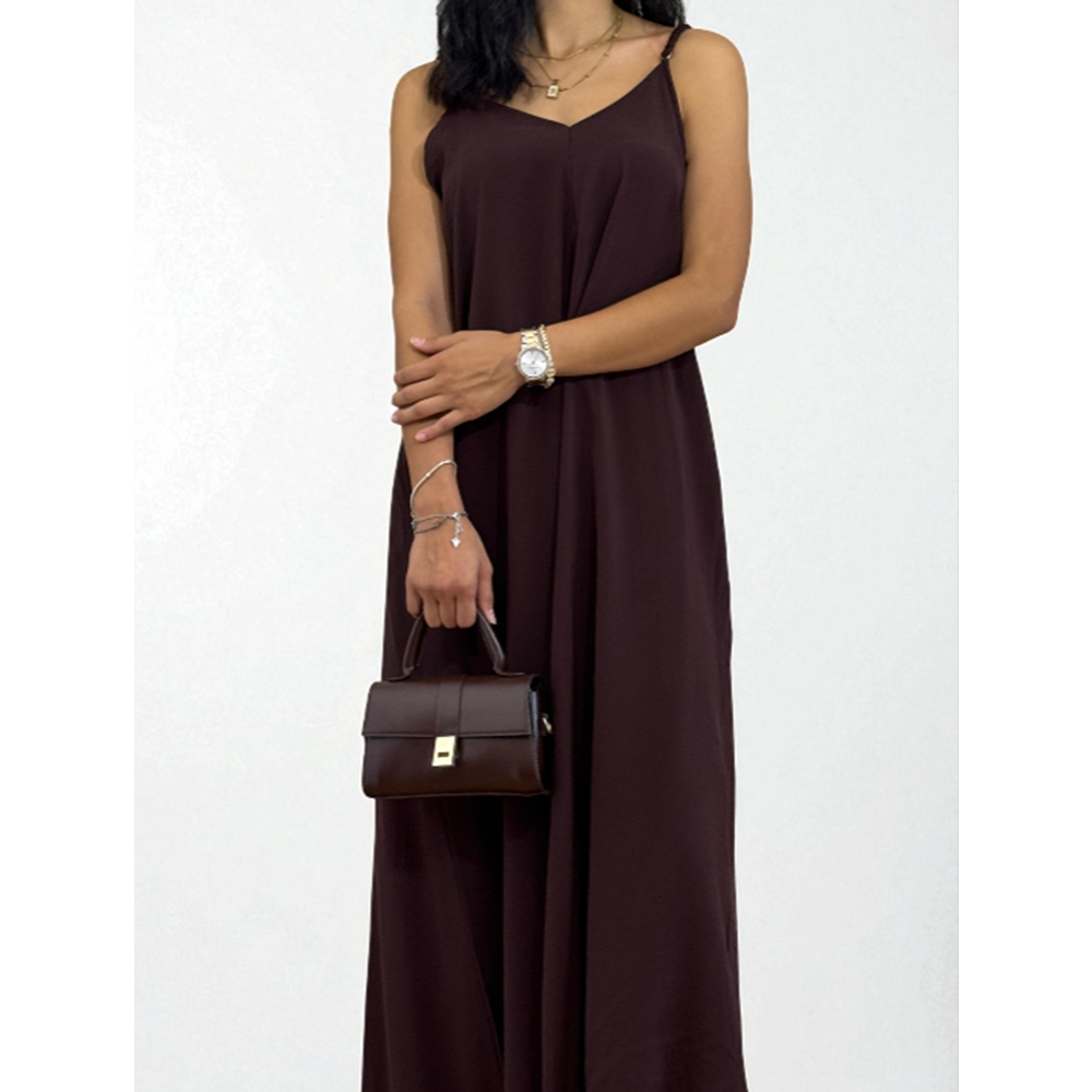 Askılı Sırt Dekolteli Kahverengi Uzun Elbise