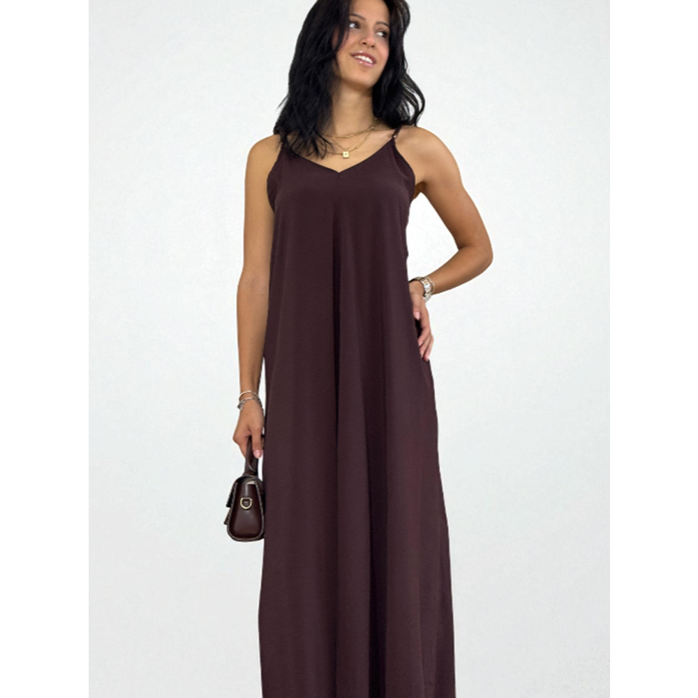 Askılı Sırt Dekolteli Kahverengi Uzun Elbise