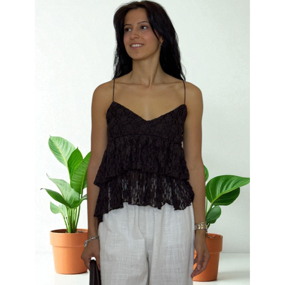 Dantelli Askılı Kahverengi Bluz