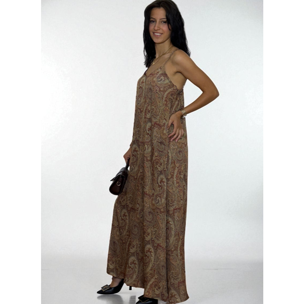 Desenli Askılı Uzun Elbise