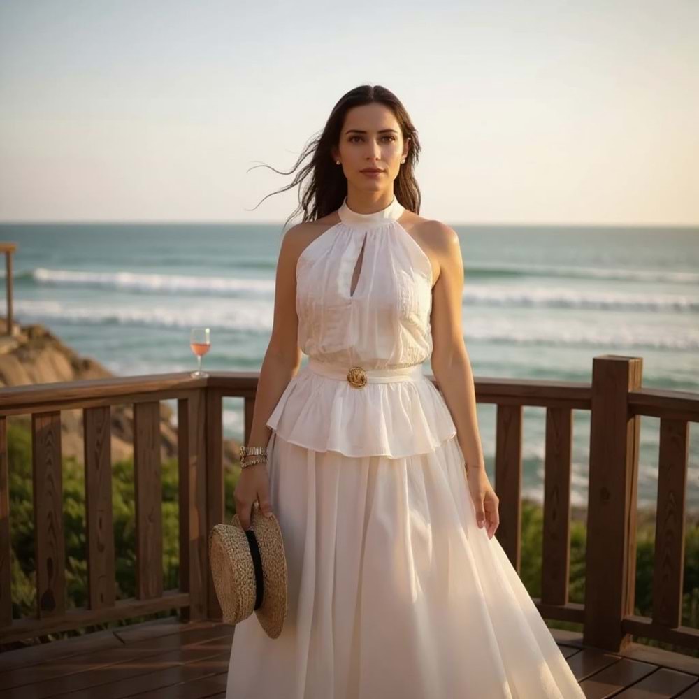 Beyaz Toka Detay Etekli Takım