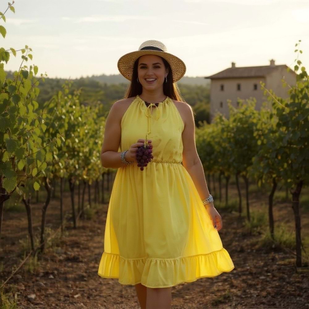 Boncuk Detaylı Bağlamalı Kısa Sarı Elbise