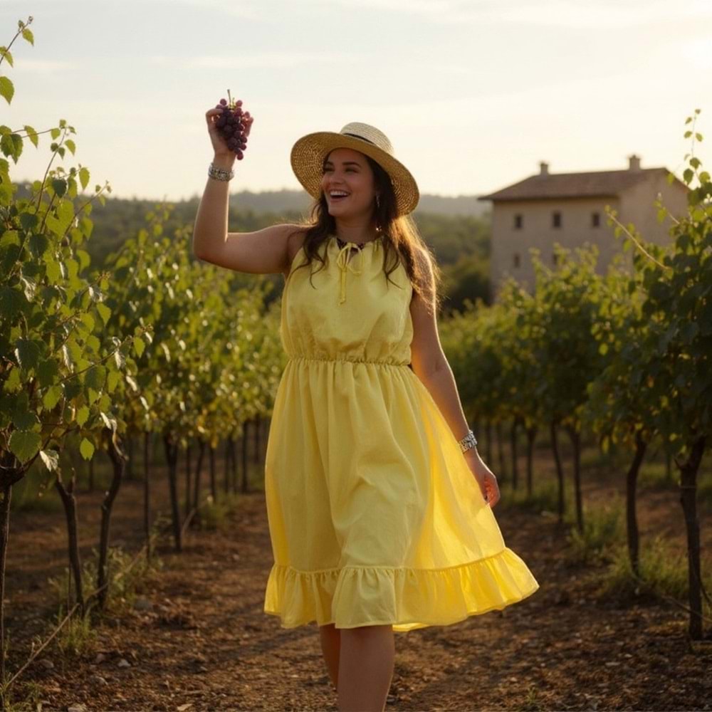 Boncuk Detaylı Bağlamalı Kısa Sarı Elbise