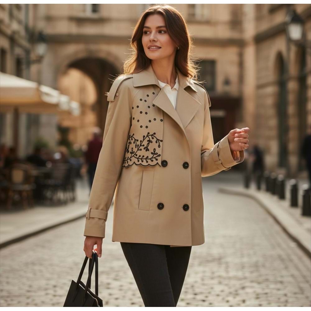 Bej Nakışlı Trençkot