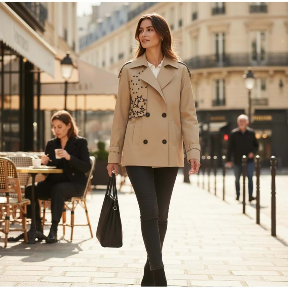 Bej Nakışlı Trençkot