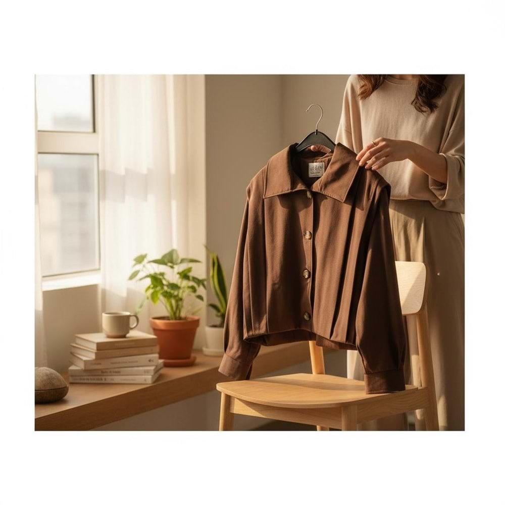 Kahverengi Düğmeli Crop Ceket