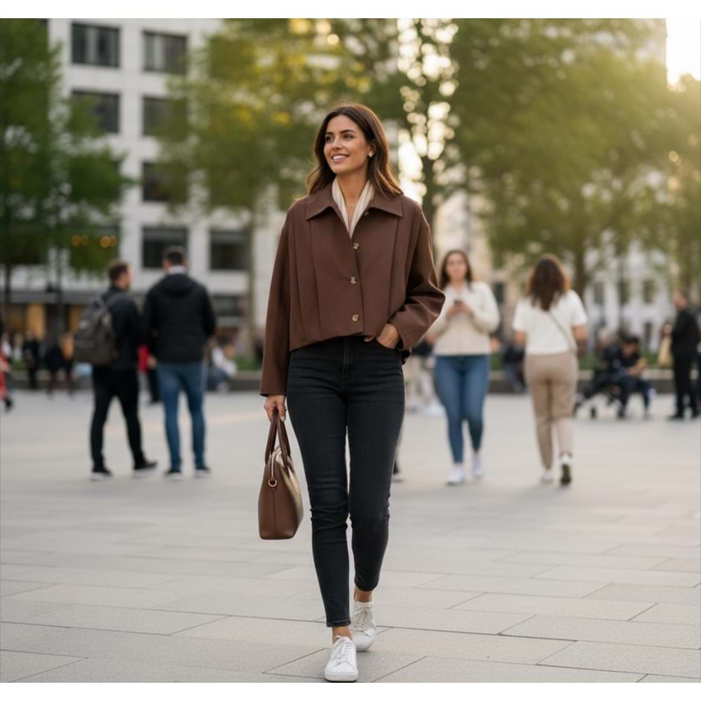 Kahverengi Düğmeli Crop Ceket