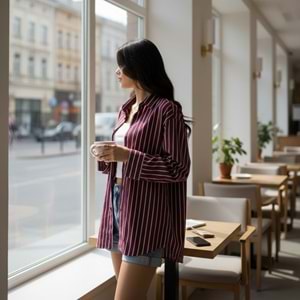 Bordo Beyaz Çizgili Premium Gömlek