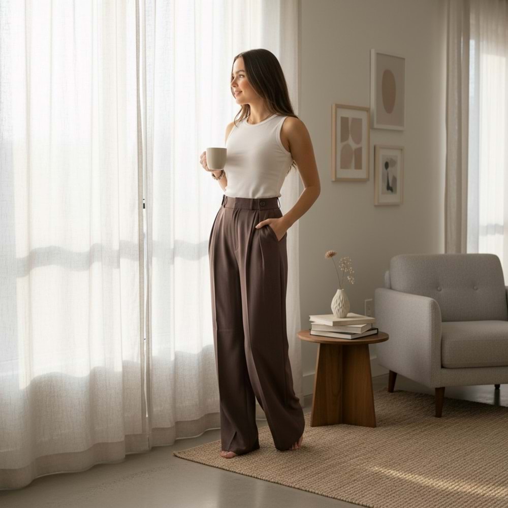 Düğme Detay Kahverengi Pileli Poliviskon Premium Pantolon