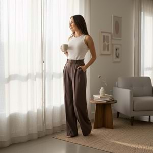 Düğme Detay Kahverengi Pileli Poliviskon Premium Pantolon