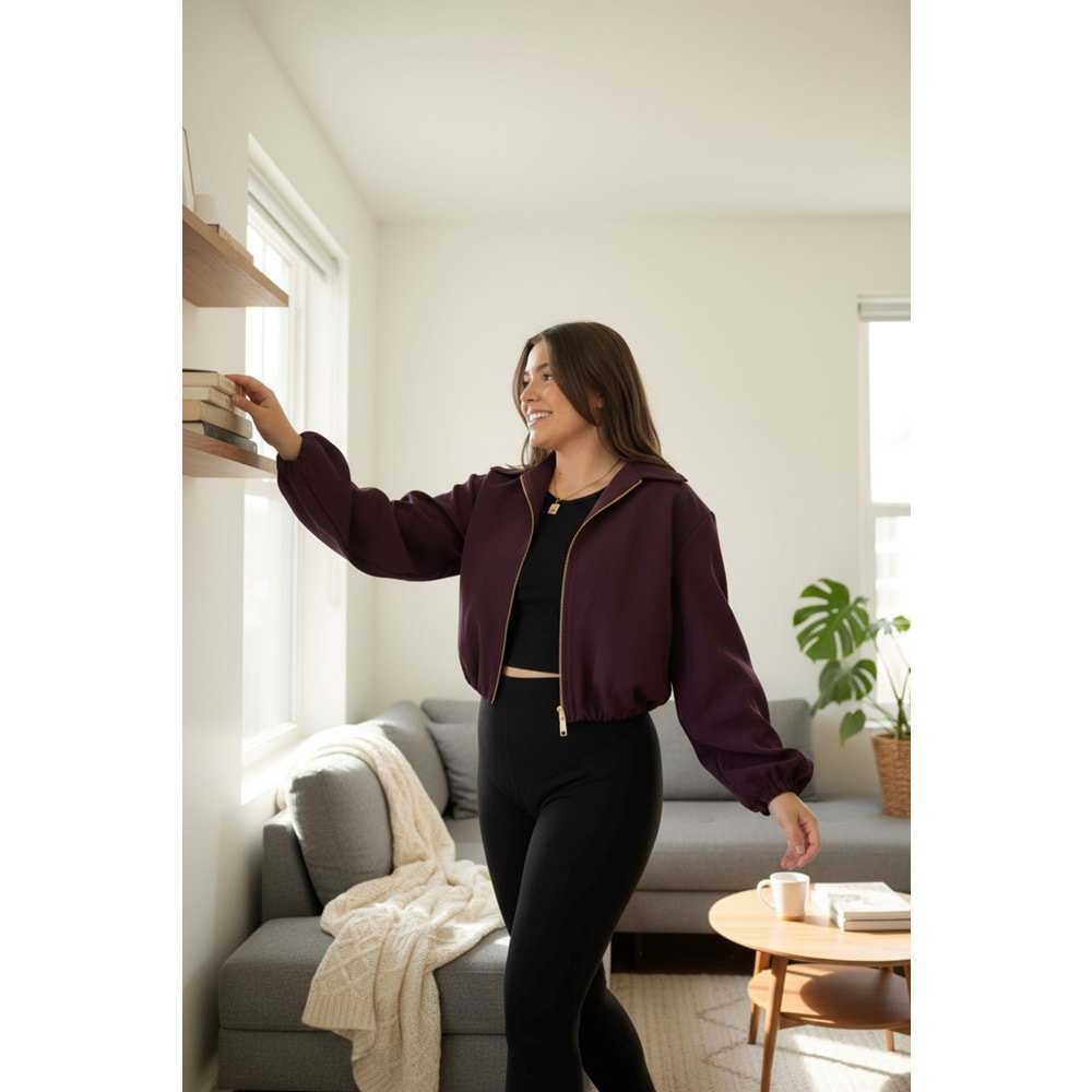 Mürdüm Altın Fermuarlı Bomber Ceket