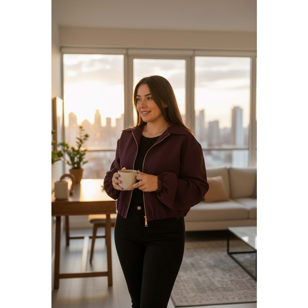 Mürdüm Altın Fermuarlı Bomber Ceket