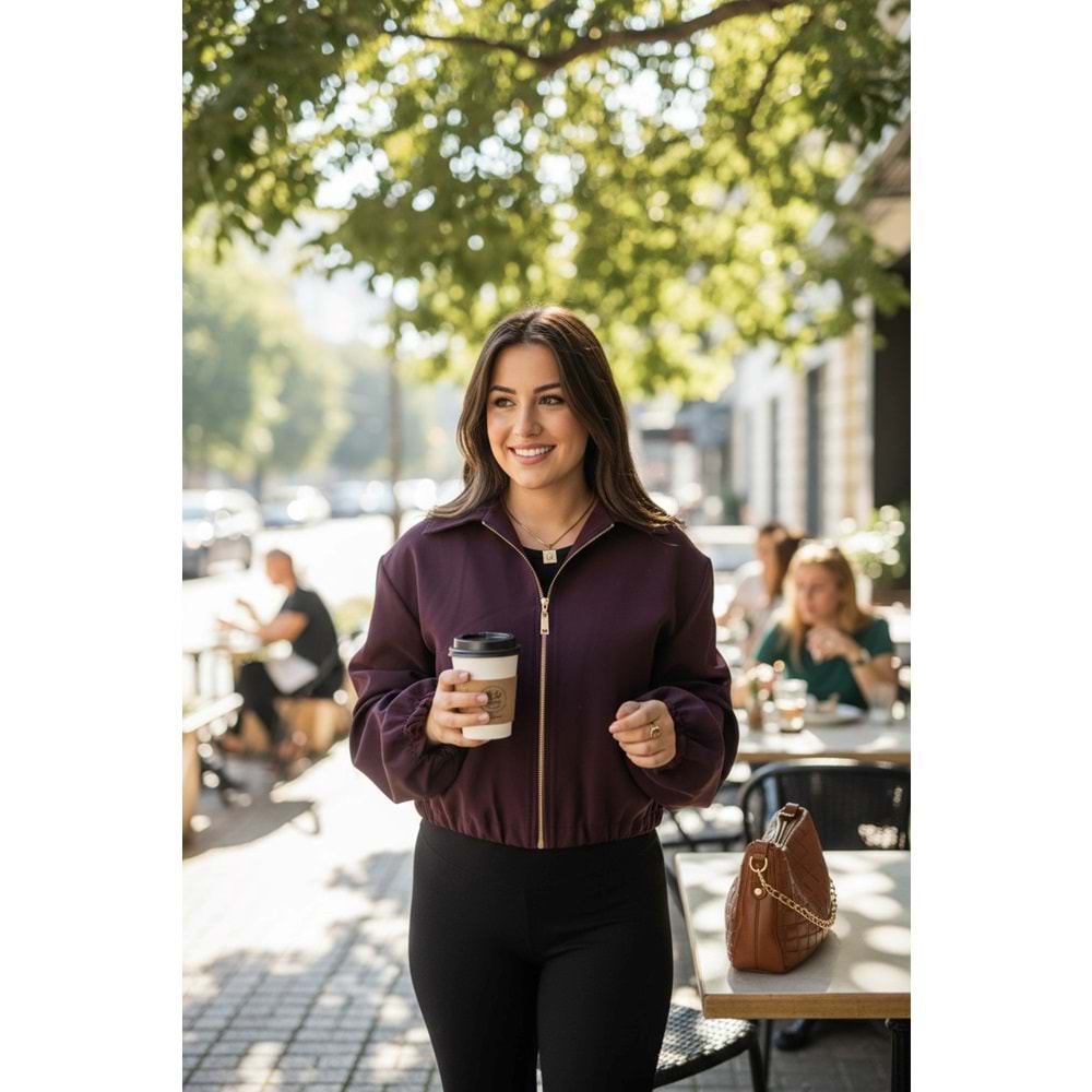 Mürdüm Altın Fermuarlı Bomber Ceket