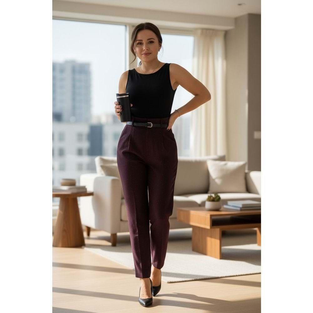 Kemerli Premium Mürdüm Kumaş Pantolon
