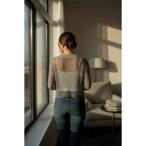 Bisiklet Yaka File Detay Örme Uzun Kollu Gri Kazak